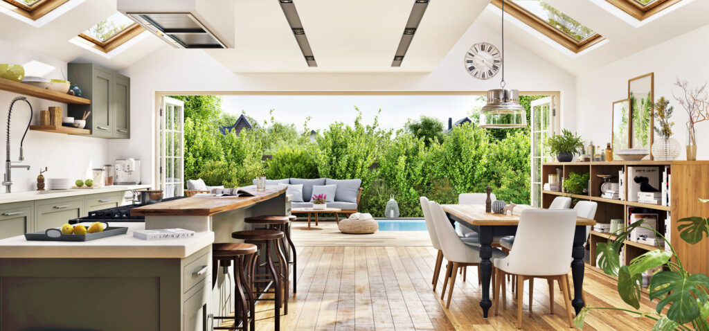 Moderne Küche mit Blick auf die Terrasse in einem neuen Luxushaus