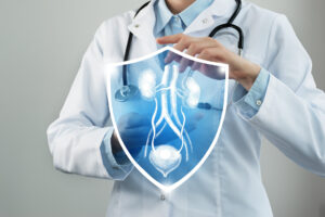 Schutz der Gesundheit und des Genesungskonzepts des Patienten, Arzt mit virtueller Grafik über Blasenschwäche.
