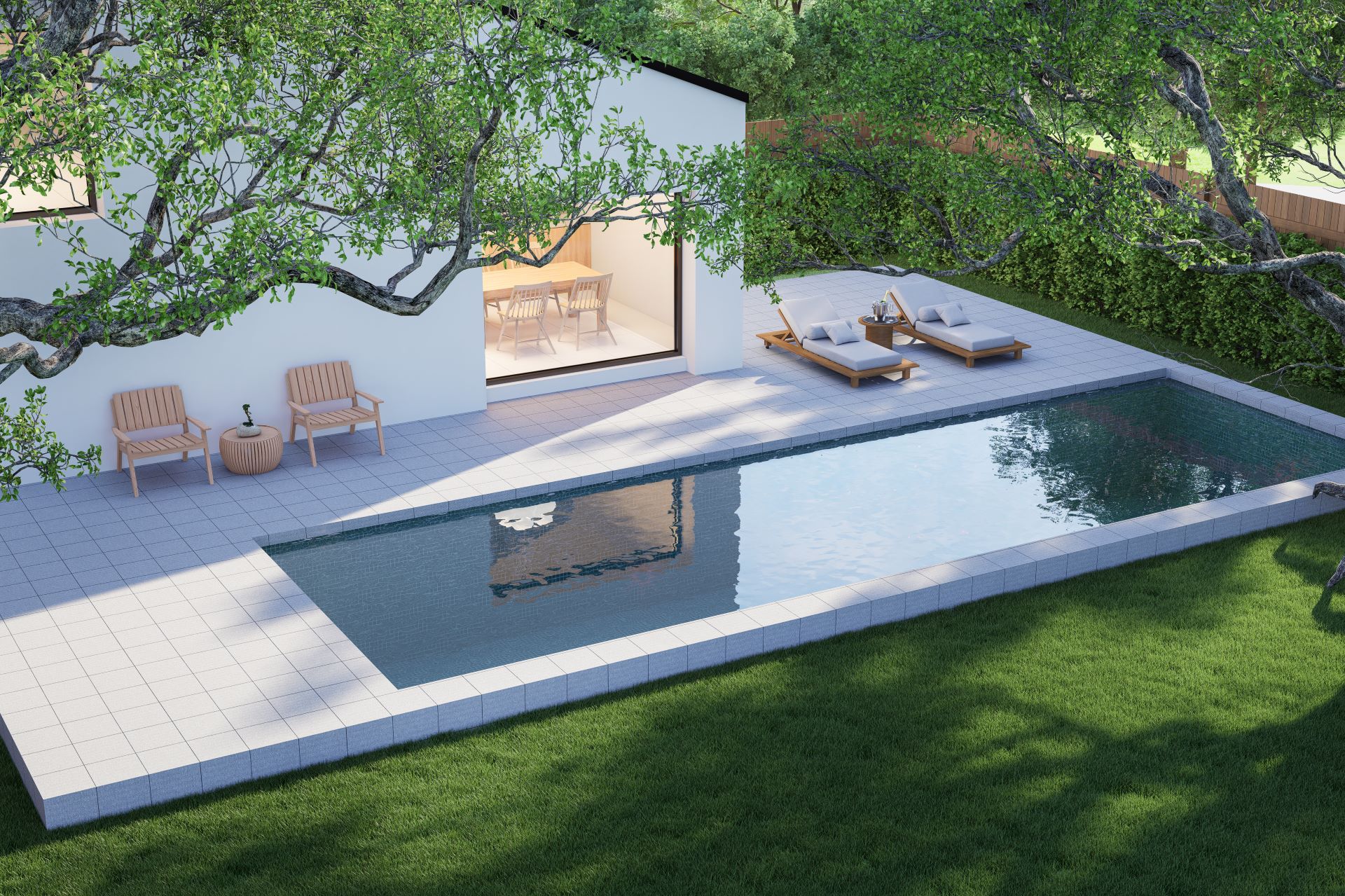 Luftaufnahme eines modernen, kleinen, stilvollen, weißen Hauses mit Schwimmbad aus Betonfliesen, 3d Render