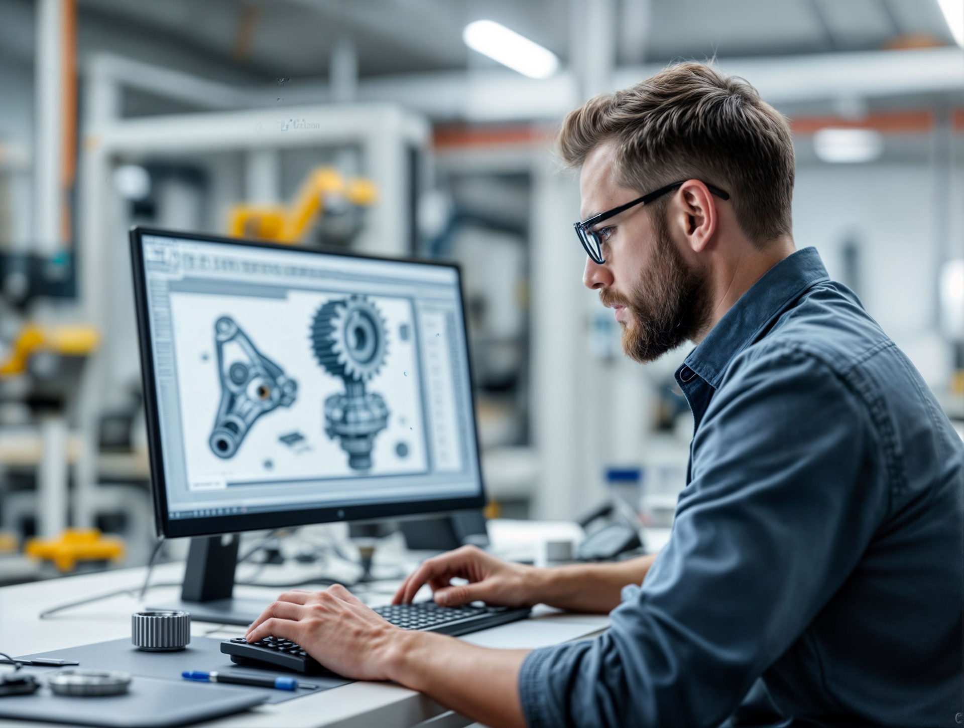 Ingenieur erstellt digitale Konstruktion mechanischer Bauteile | 3D-Konstruktionssoftware